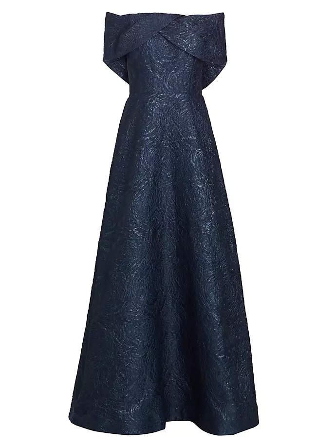 цена Платье с открытыми плечами и фактурным цветочным узором металлик Teri Jon By Rickie Freeman, черный