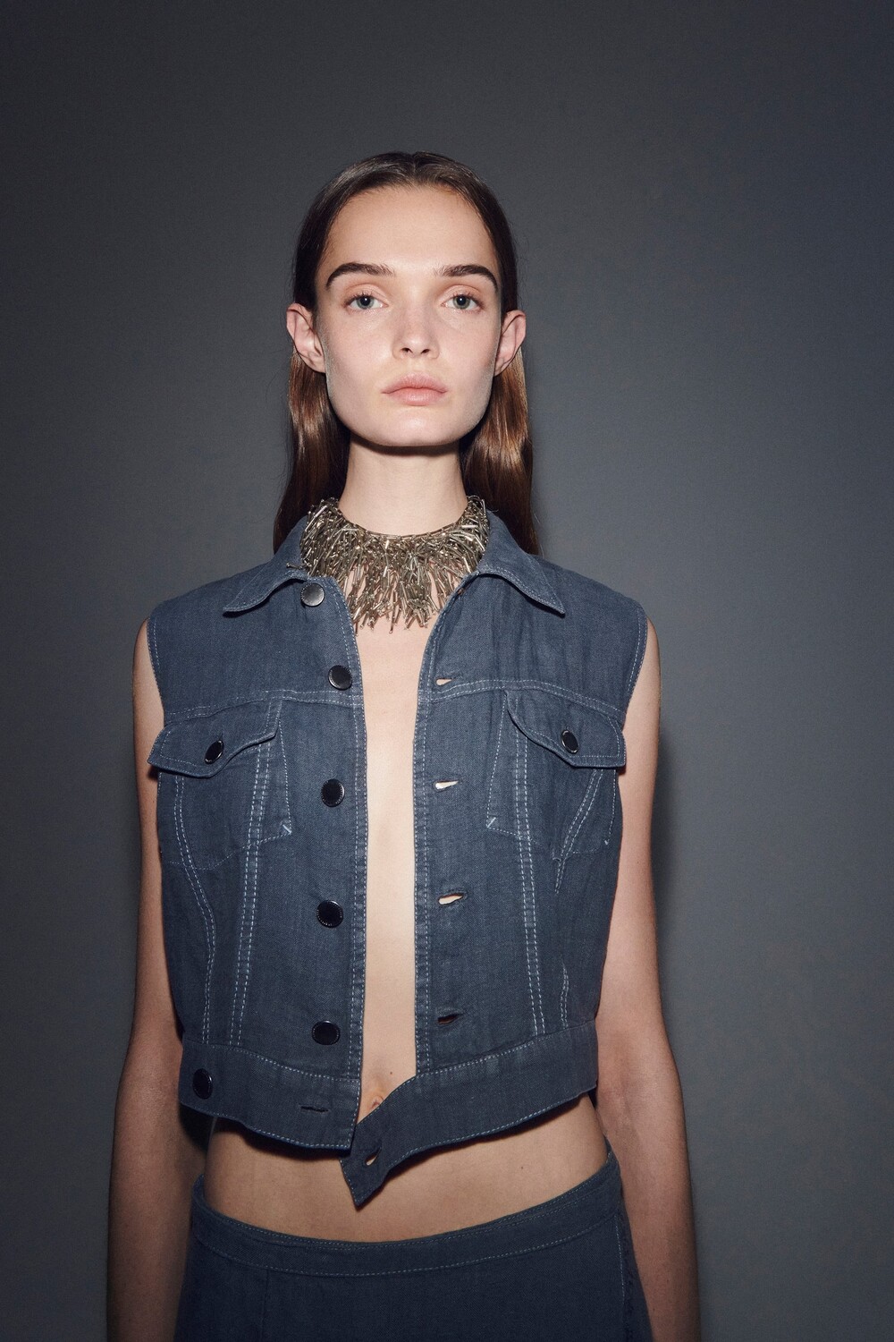 

Льняной жилет с декоративной прошивкой Zara, серый