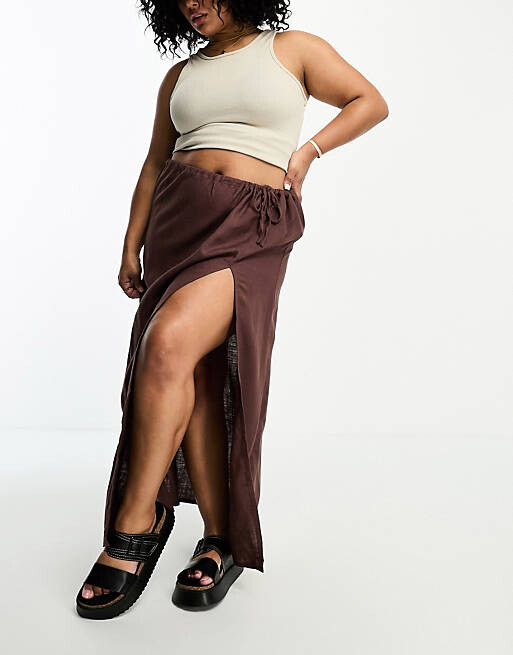 

Шоколадная льняная юбка макси с высоким разрезом ASOS DESIGN Curve