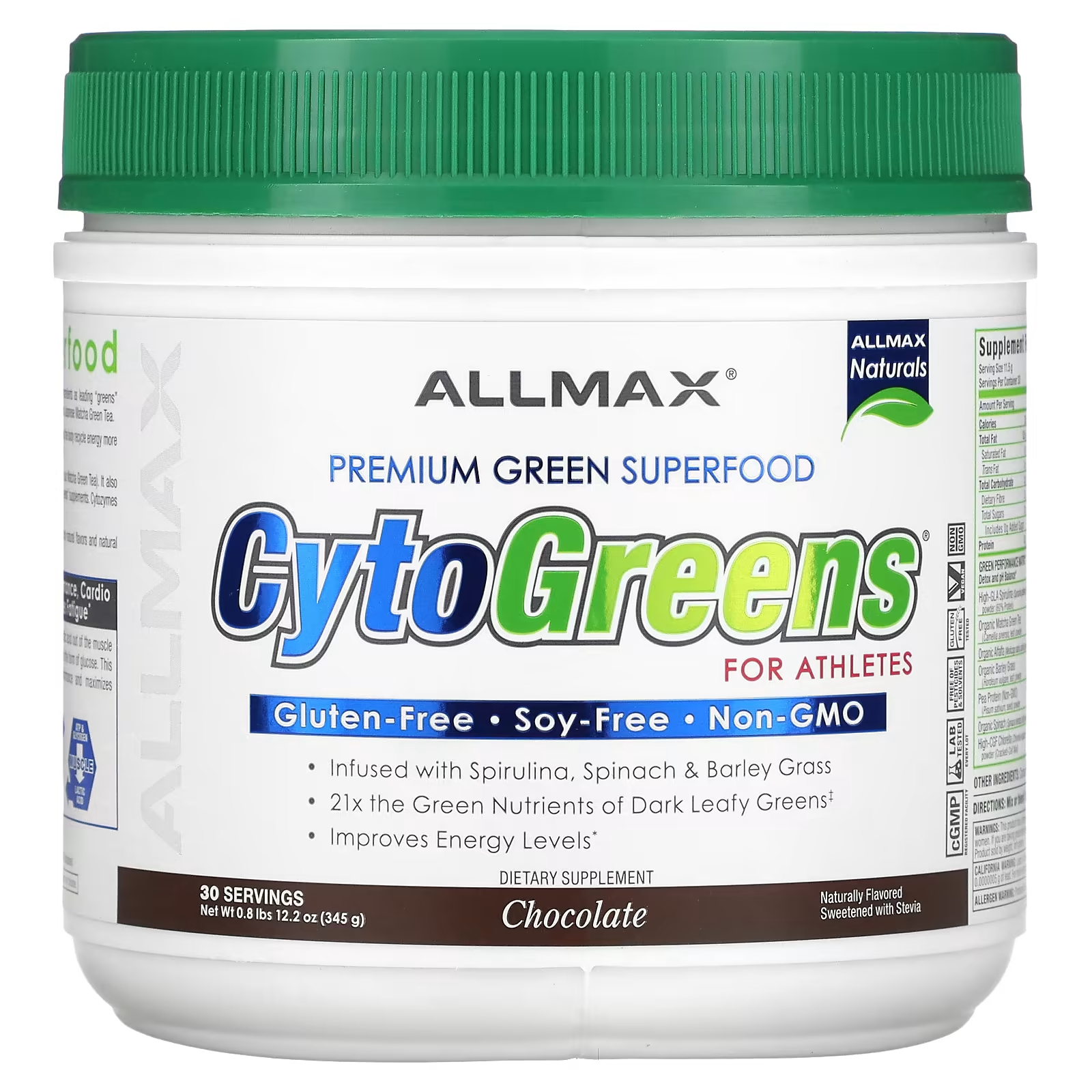 ALLMAX CytoGreens для спортсменов, шоколад, 0,8 фунта (345 г) allmax nutrition cytogreens зеленый суперпродукт премиального качества для спортсменов зеленый чай с ягодами асаи 535 г 1 2 фунта
