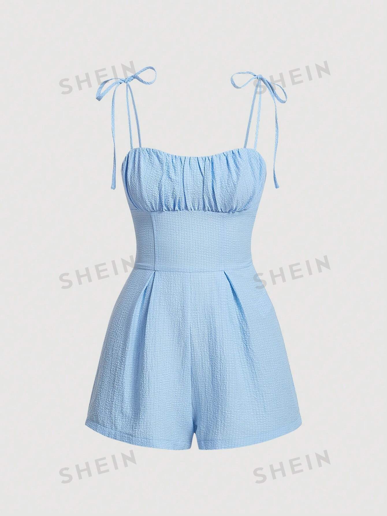 цена SHEIN MOD женские праздничные шорты-комбинезон на бретельках с цветочным принтом, голубые