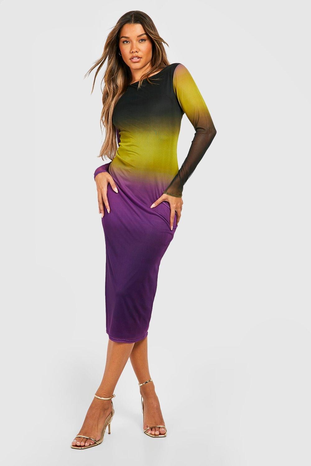 

Платье миди с длинным рукавом с сеткой ombre Boohoo, фиолетовый