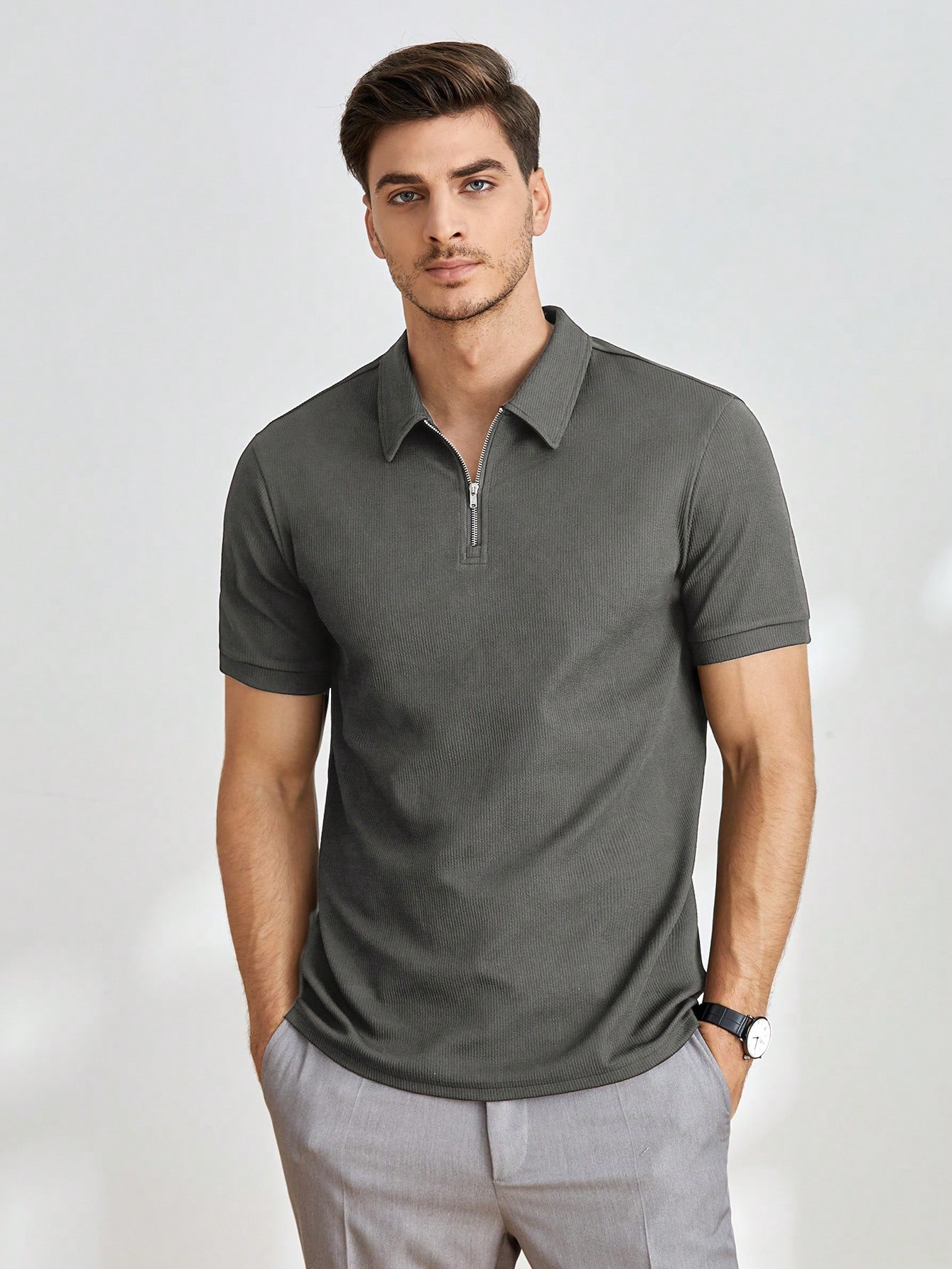 Мужская однотонная рубашка-поло с короткими рукавами Manfinity Homme, серый