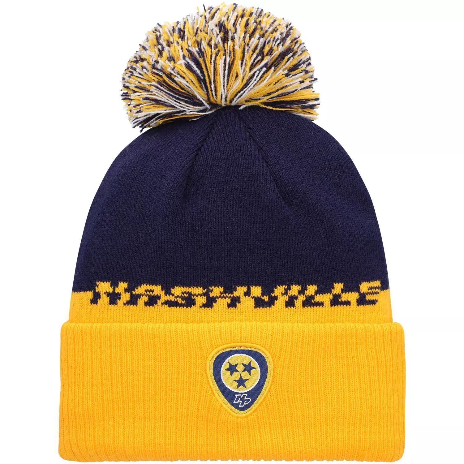 

Мужская вязаная шапка adidas темно-синего/желтого Nashville Predators COLD.RDY с манжетами и помпоном