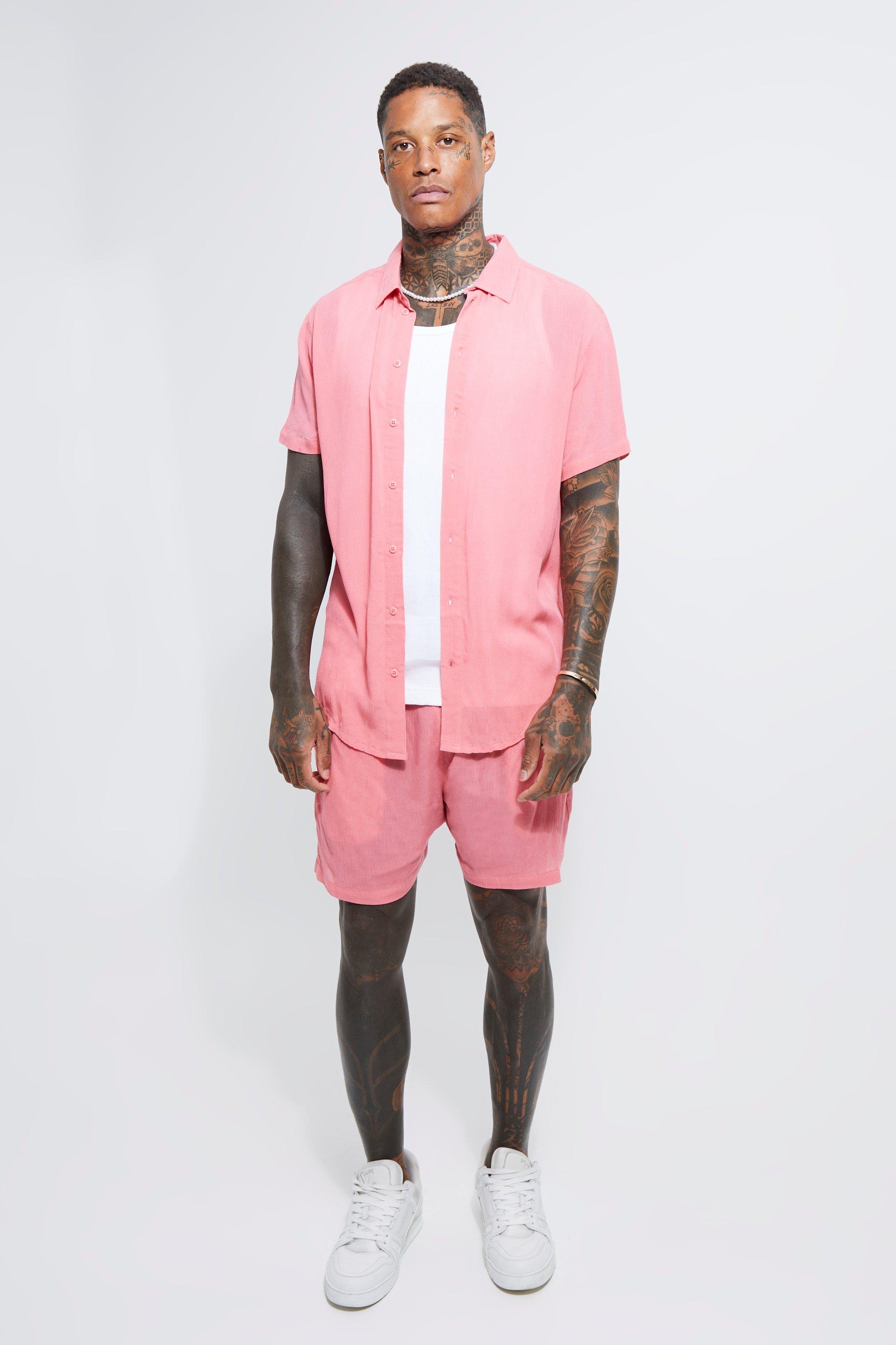 Рубашка и короткий комплект из сырной ткани с коротким рукавом Boohoo, розовый рубашка с коротким рукавом из фактурной ткани