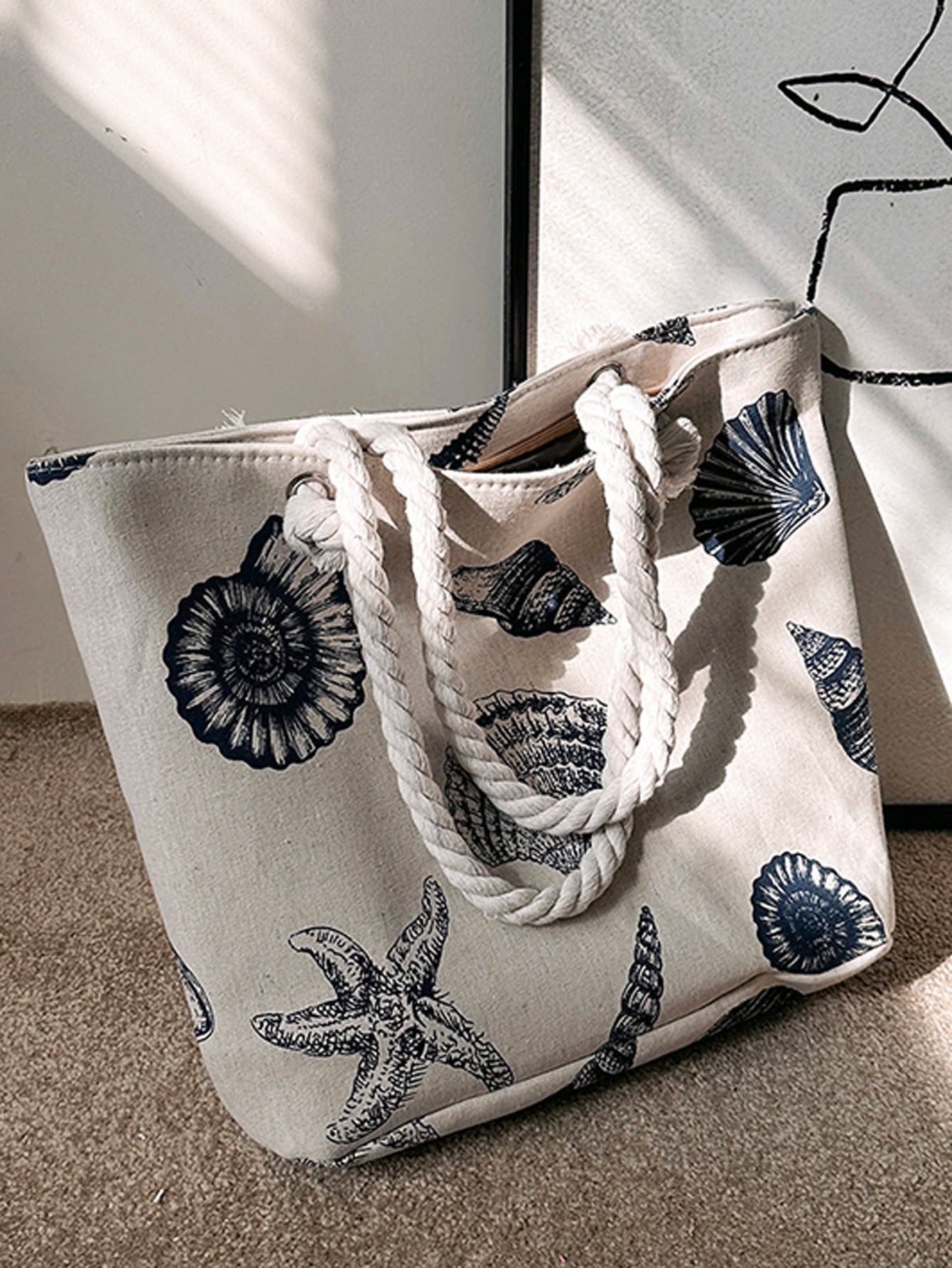 Модная большая сумка большой емкости с узором в виде ракушек и морских звезд, синий и белый