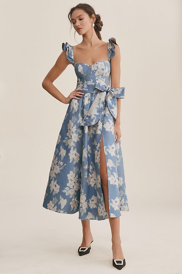 цена Корсетное платье миди с боковыми разрезами и рюшами V. Chapman Vera, цвет dusk blue baroque floral