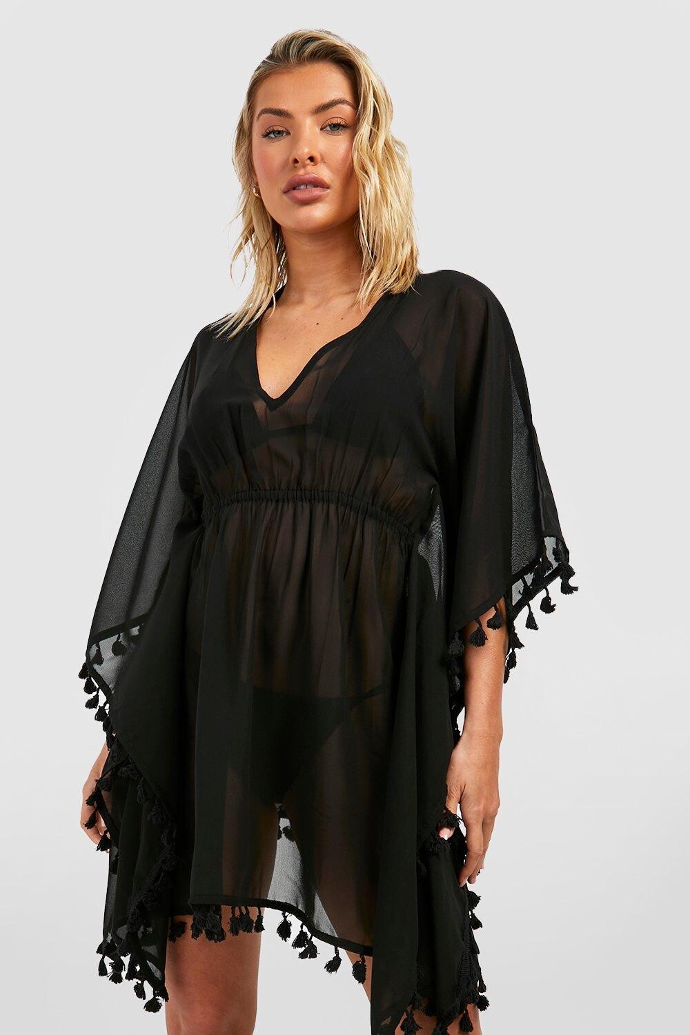 

Глубокий пляжный кафтан из шифона с кисточками boohoo, черный