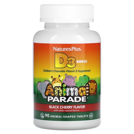 Витамин D3 NaturesPlus Animal Parade черная вишня 500 МЕ, 90 таблеток naturesplus source of life animal parade витамин d3 со вкусом натуральной черешни 500 ме 90 таблеток в форме животных