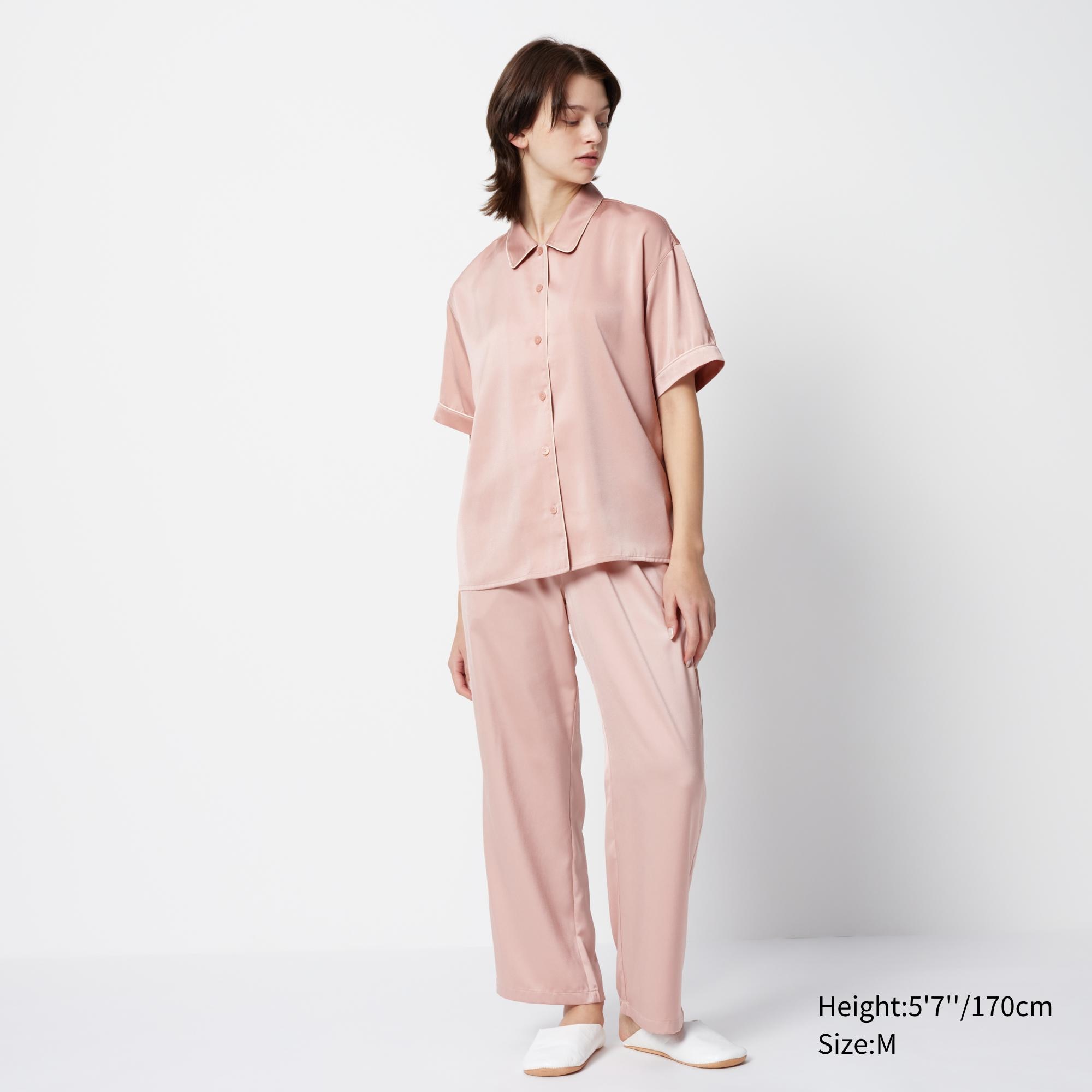 Пижама UNIQLO атласная с короткими рукавами, розовый