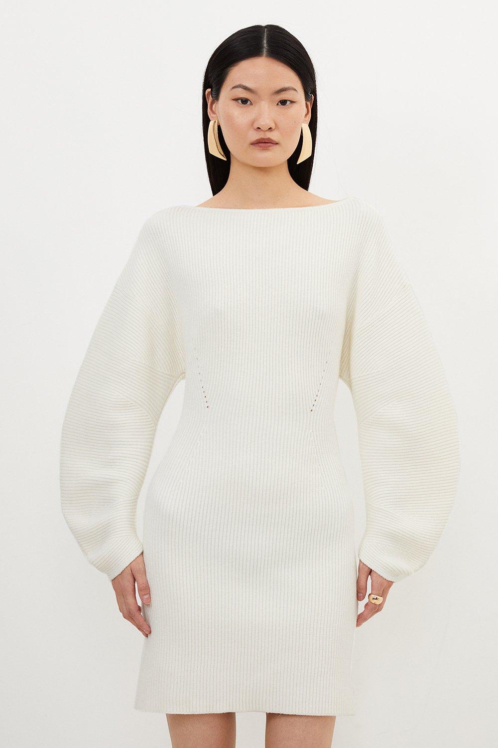 Трикотажное мини-платье с круглыми рукавами из смесовой вискозы Karen Millen, белый