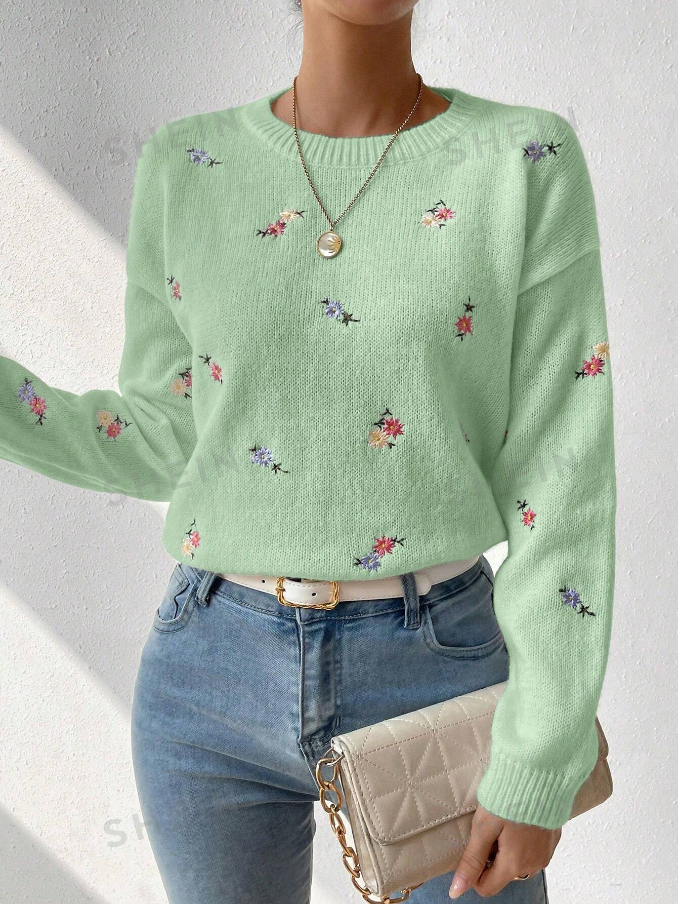 SHEIN Essnce Свитер с круглым вырезом и открытыми плечами с цветочной вышивкой, мятно-зеленый shein essnce однотонный открытый вязаный свитер с заниженными плечами белый