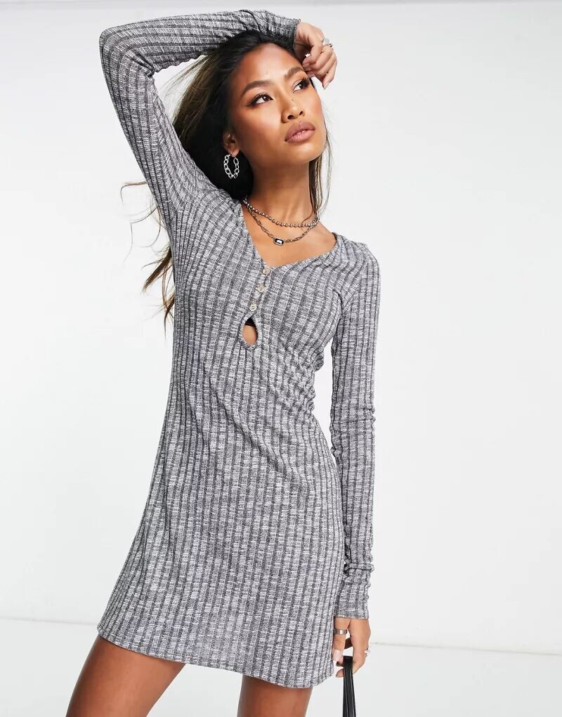 

Серое платье мини в рубчик с длинными рукавами ASOS