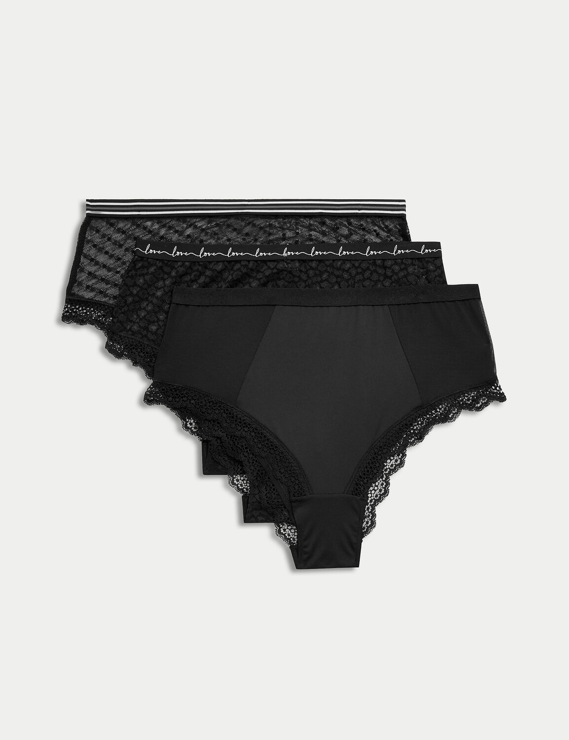 

Бразильские трусики из 3 штук с кружевом и сеткой с высокой талией Marks & Spencer, черный