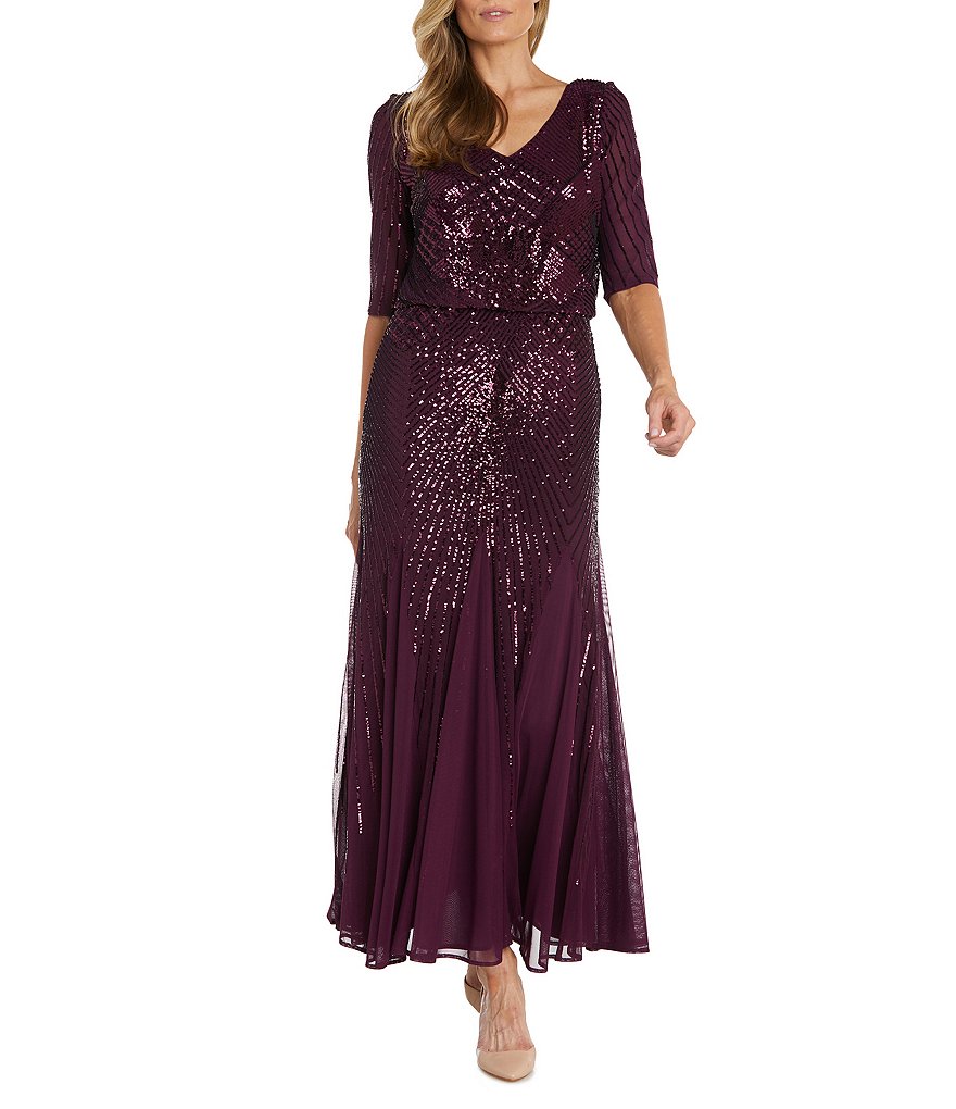 Платье-блузон с пайетками и бисером R & M Richards с рукавами 3/4 и V-образным вырезом, фиолетовый