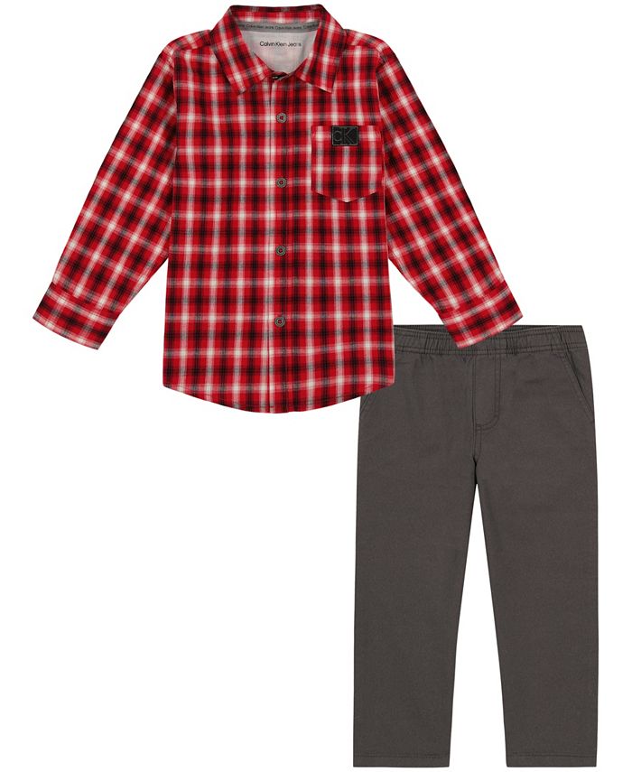 Рубашка в клетку с длинными рукавами и пуговицами спереди для маленьких мальчиков и предварительно выстиранные твиловые брюки, комплект из 2 предметов Calvin Klein, мультиколор