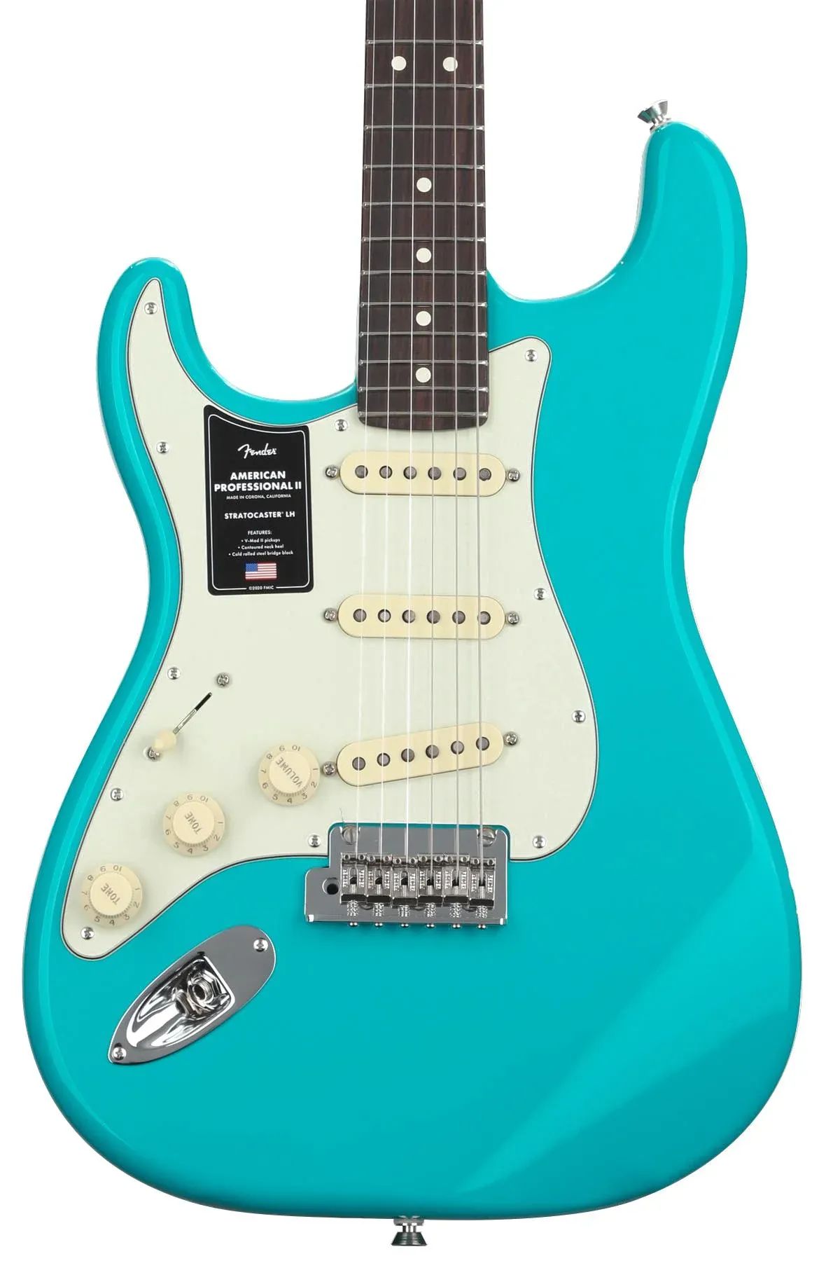 

Fender American Professional II Stratocaster для левой руки — цвет Майами синий, с накладкой из палисандра