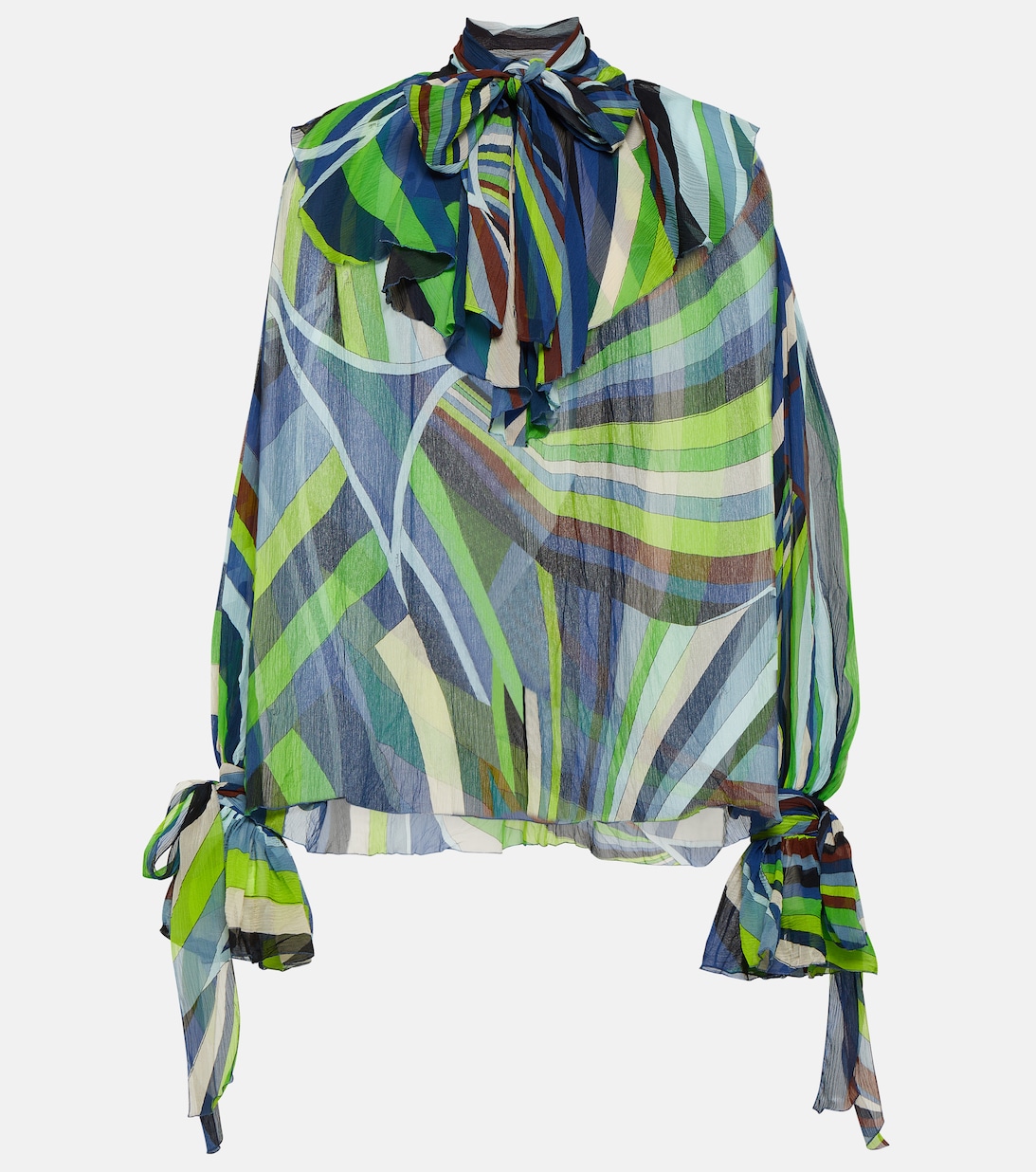 Блузка из шелкового шифона с принтом и завязками на шее PUCCI, разноцветный