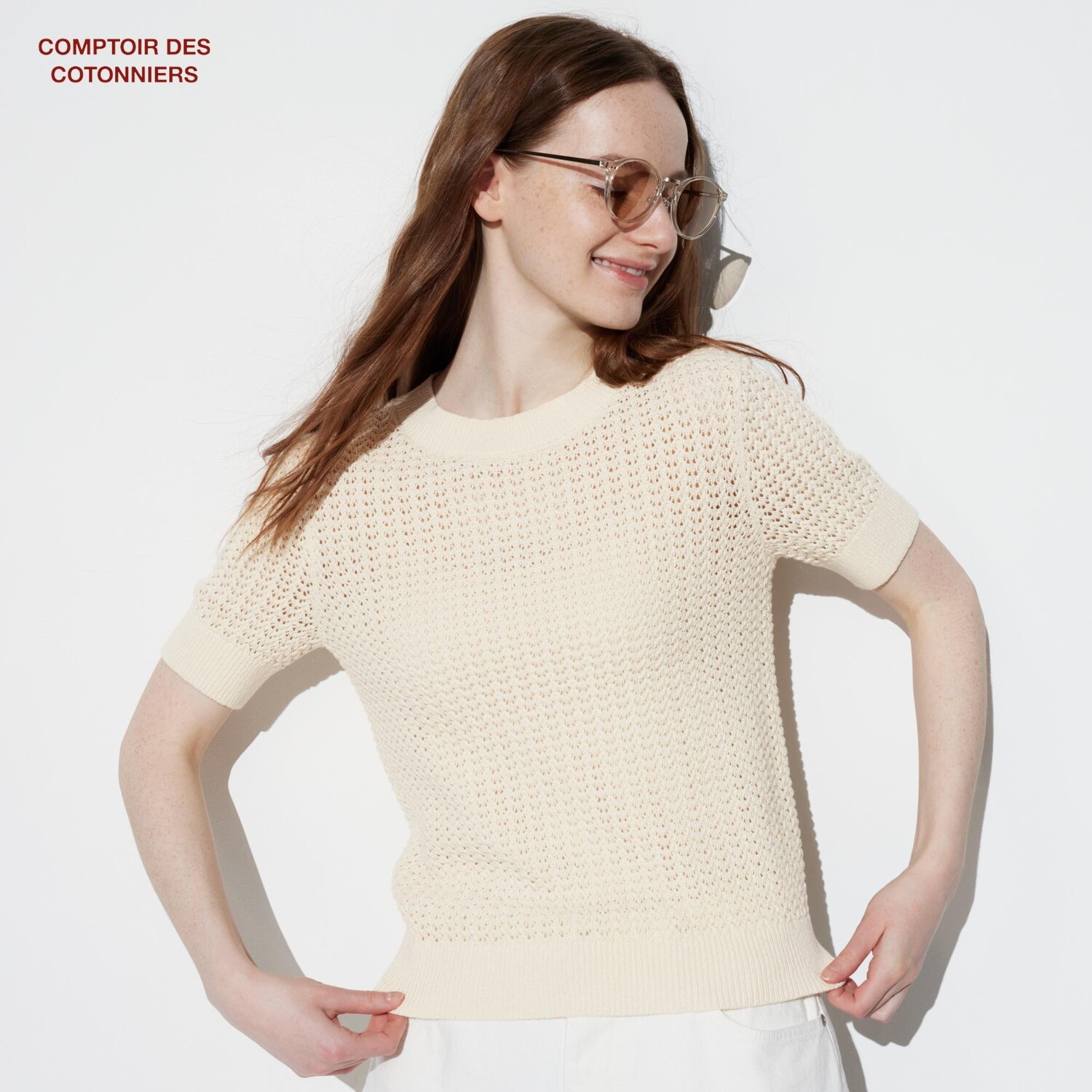 

Свитер Uniqlo женский льняной с коротким рукавом, бежевый