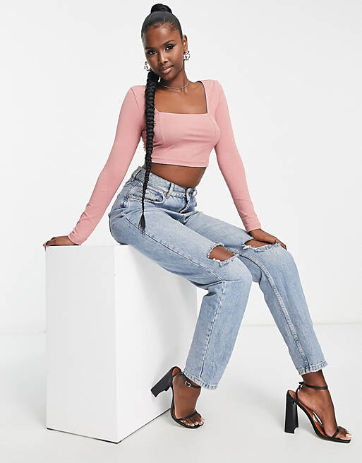 

Темно-розовый укороченный топ с квадратным вырезом и швом ASOS DESIGN
