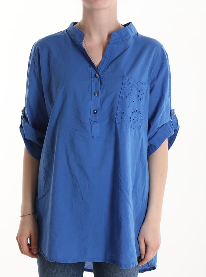 

Хлопковая блузка на пуговицах, рукав 3/4 с карманами, цвет Electric blue