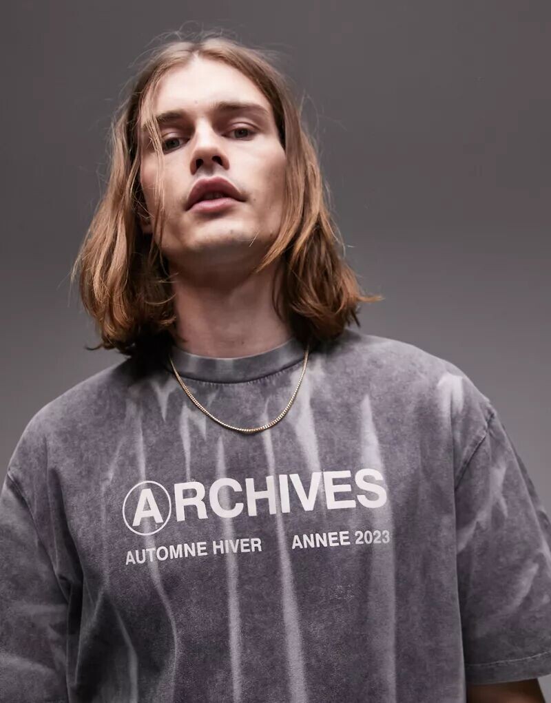 

Черная футболка оверсайз Topman с принтом Archives