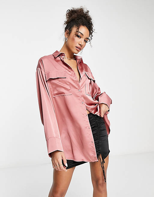 

Розовая атласная рубашка оверсайз с широкими манжетами ASOS DESIGN