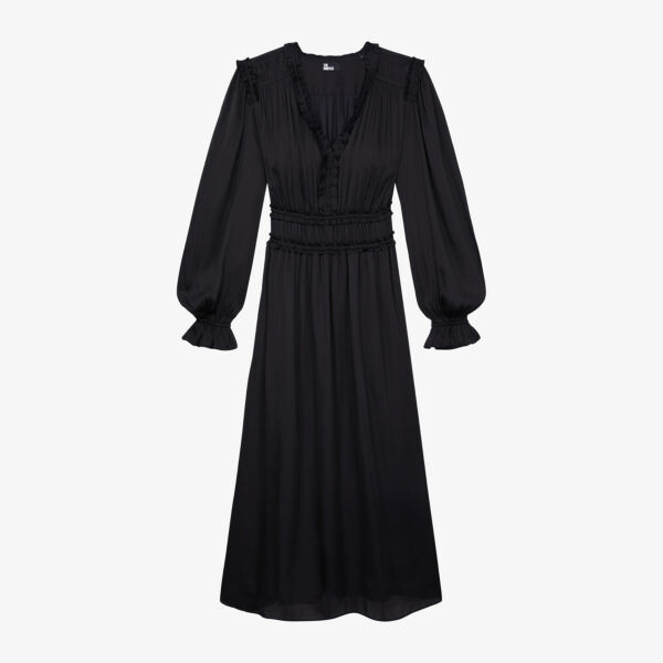 

Тканое платье макси с присборенными рукавами и длинными рукавами The Kooples, черный