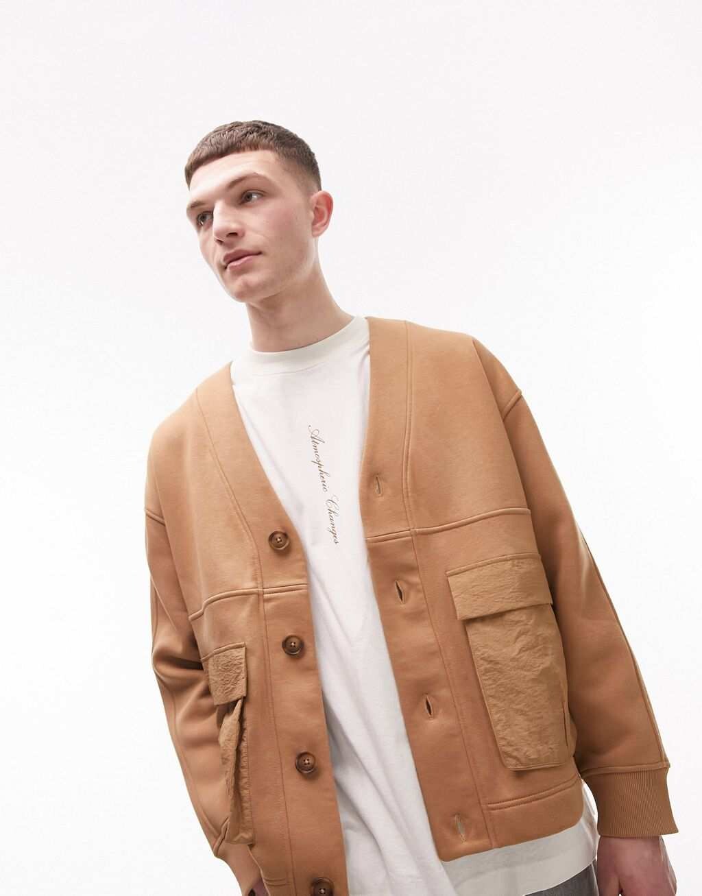 

Кардиган оверсайз Topman с нейлоновыми карманами цвета камня