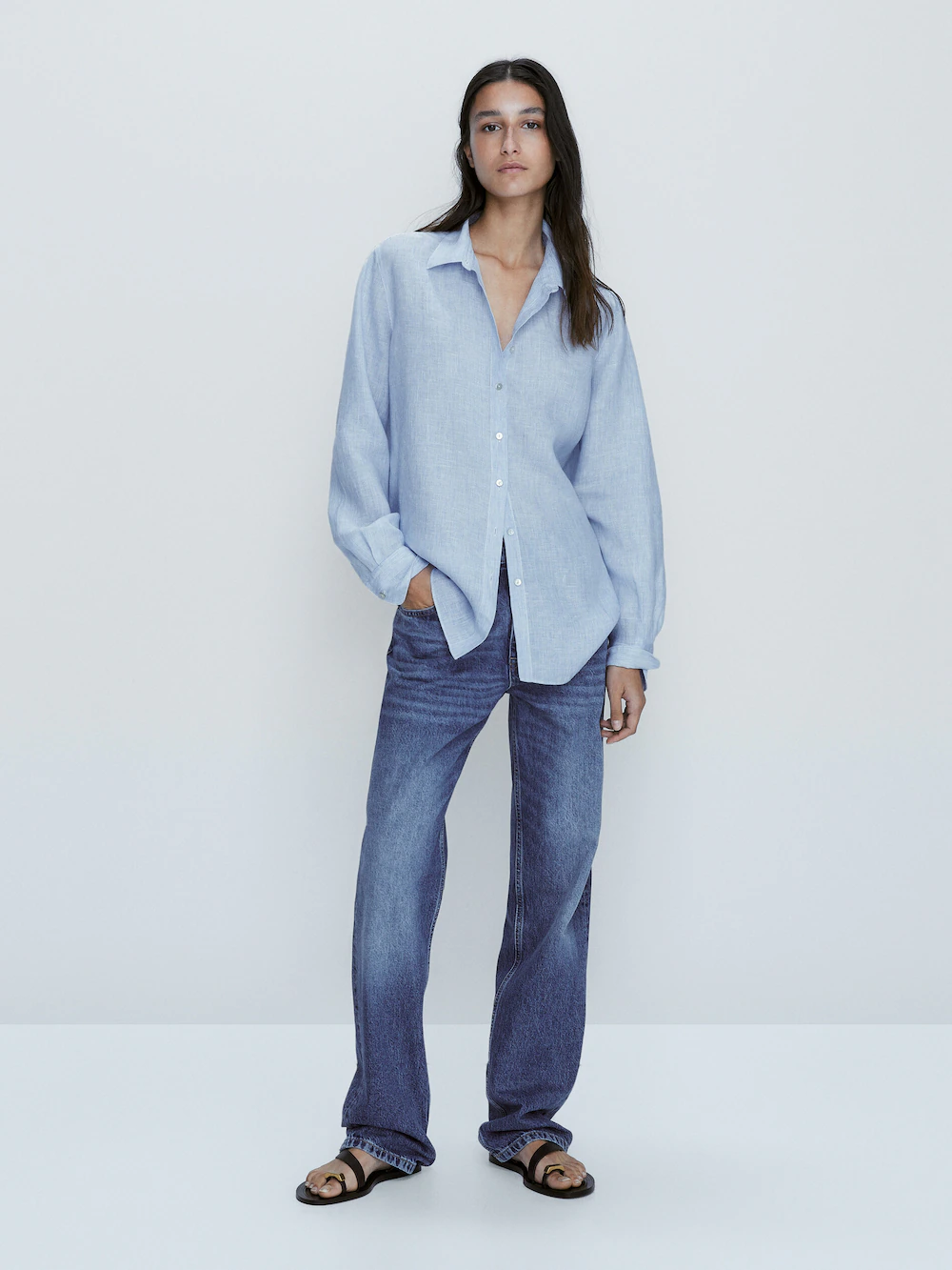 

Рубашка из 100% льна в полоску Massimo Dutti, синий