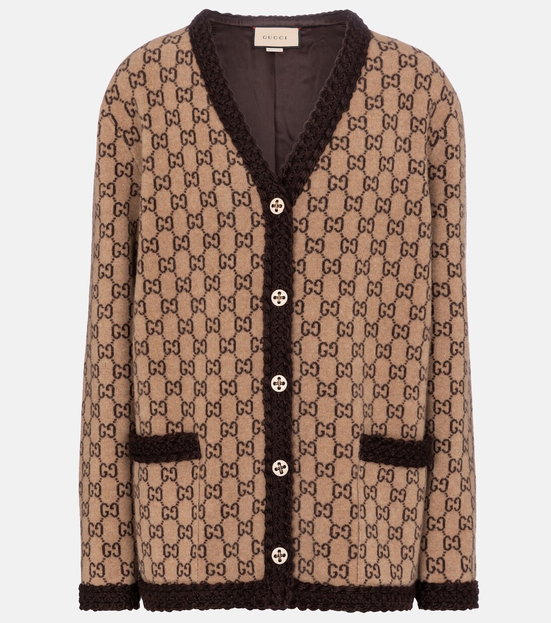 

Шерстяной жаккардовый кардиган с узором GG GUCCI, коричневый