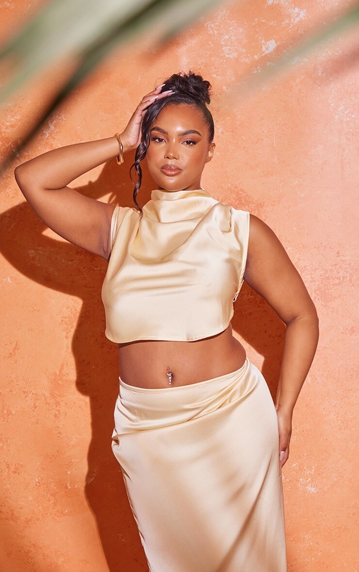 

PrettyLittleThing Укороченный топ из атласного атласа кремового цвета с высоким воротником и завязками по бокам