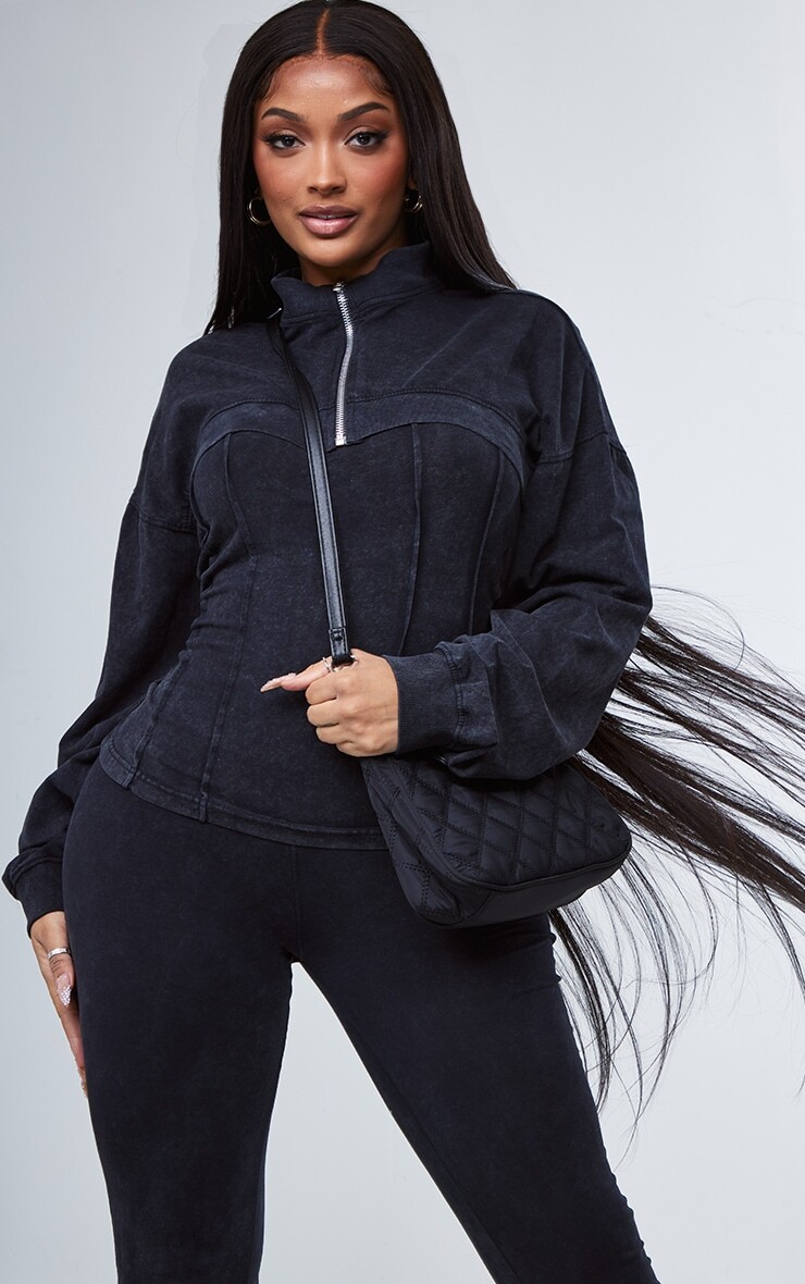 

PrettyLittleThing Укороченная куртка на молнии из черного мытого хлопка с высоким воротником и молнией, Черный