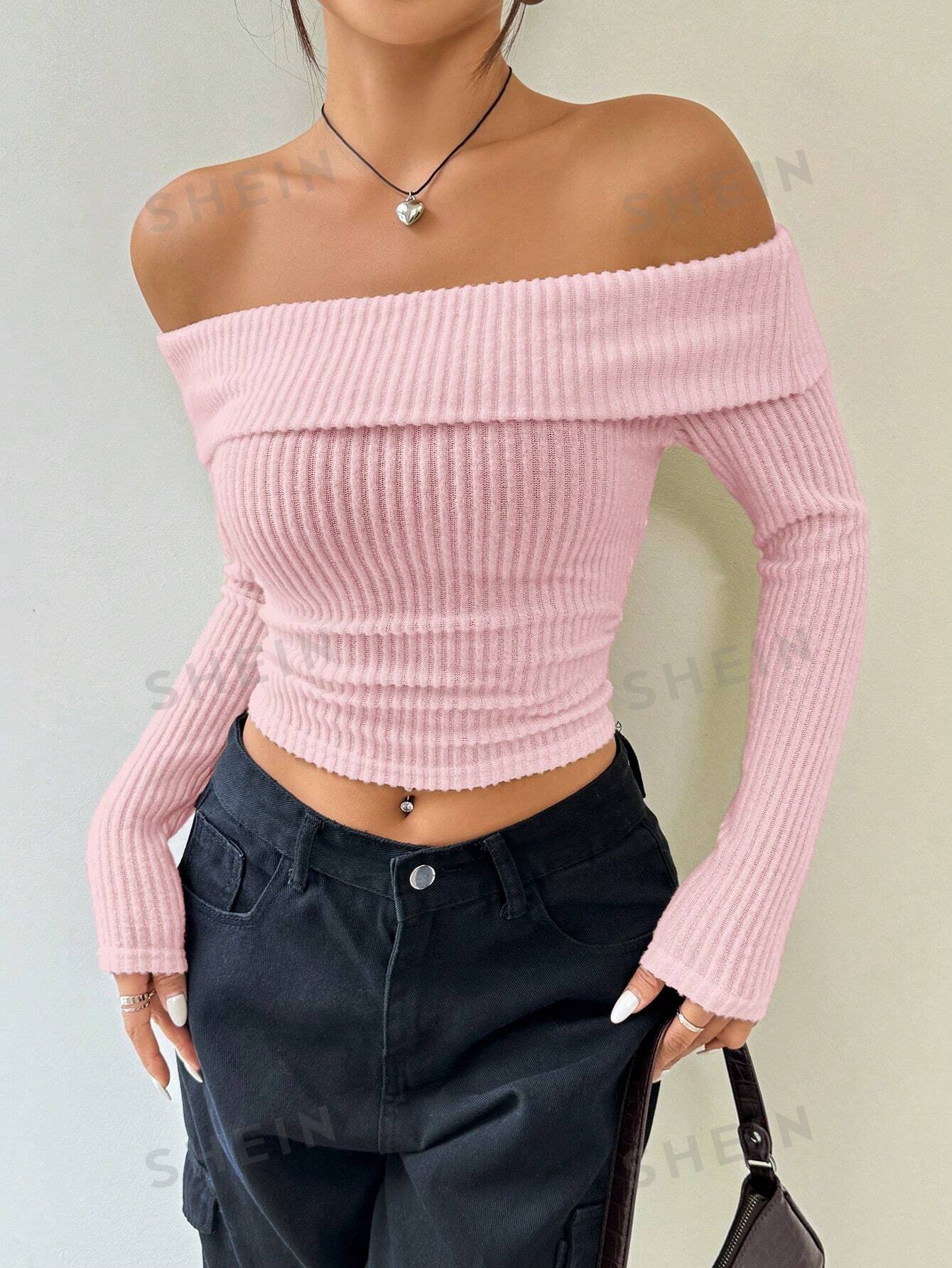 SHEIN EZwear Женская однотонная укороченная футболка с открытыми плечами и открытыми плечами, розовый женская футболка с блестками с открытыми плечами и рукавами фонариками