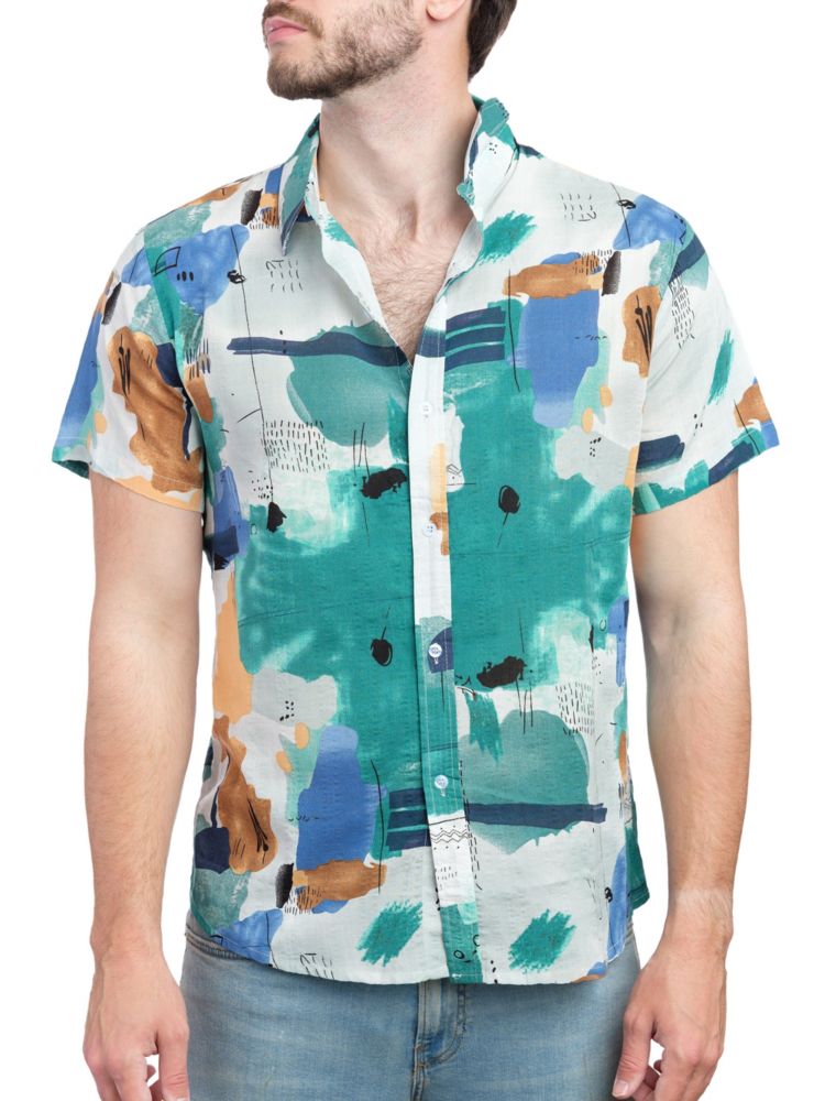 Рубашка на пуговицах с короткими рукавами и абстрактным рисунком Saryans Arthur, мята цена и фото