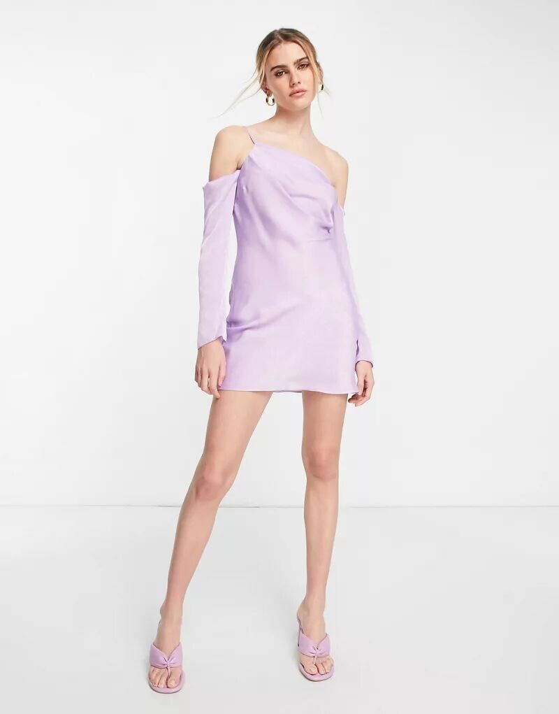 

Сиреневое асимметричное атласное платье мини с открытыми плечами ASOS