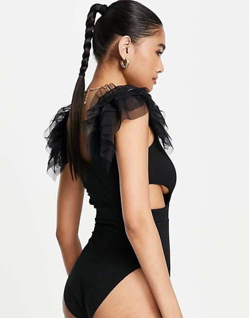 

Черное боди из органзы с оборками и вырезами Miss Selfridge