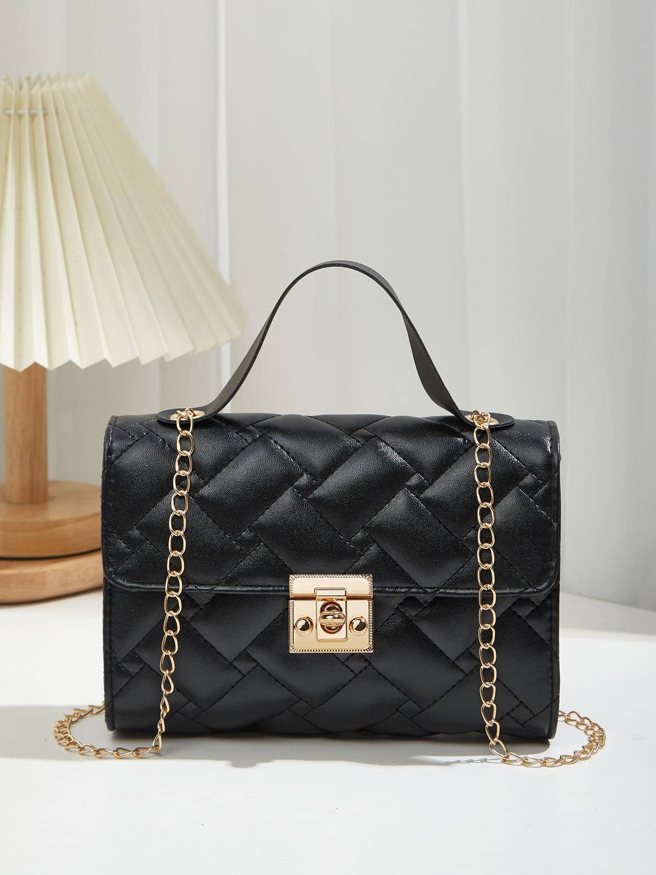 Мини-сумка через плечо с ромбовидной решеткой Портативная кожаная сумка для отдыха для женщин Модная, черный