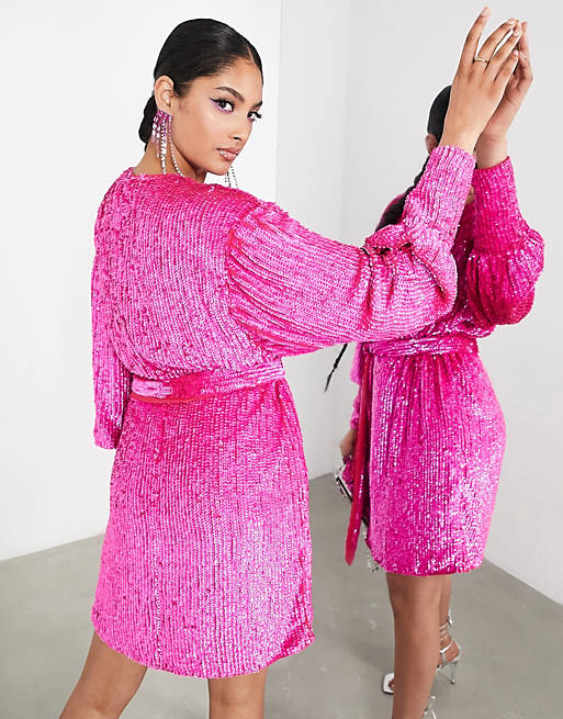 Ярко-розовое платье мини с пайетками ASOS EDITION платье asos edition sequined wrap ярко розовый