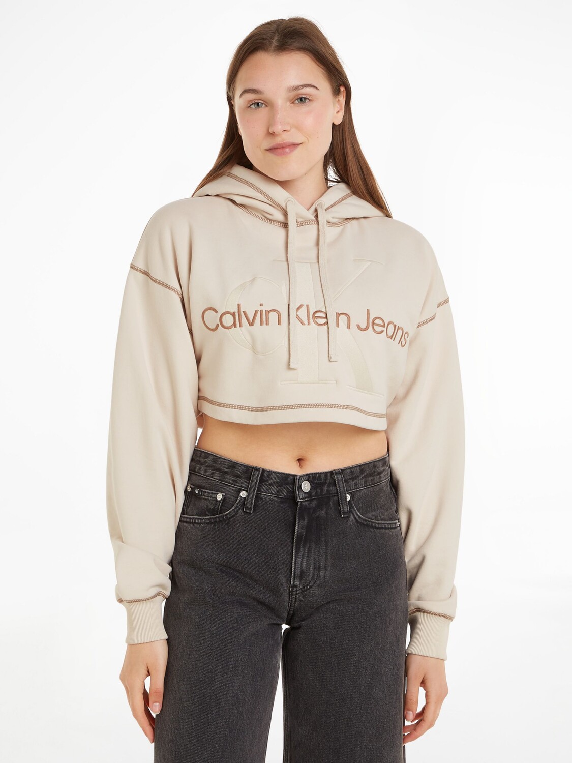 

Джинсовое укороченное худи с монологом Calvin Klein, слоновая кость, Бежевый