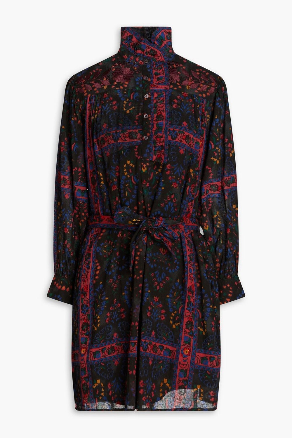 

Платье-рубашка мини из хлопковой марли с поясом и цветочным принтом ANTIK BATIK, черный