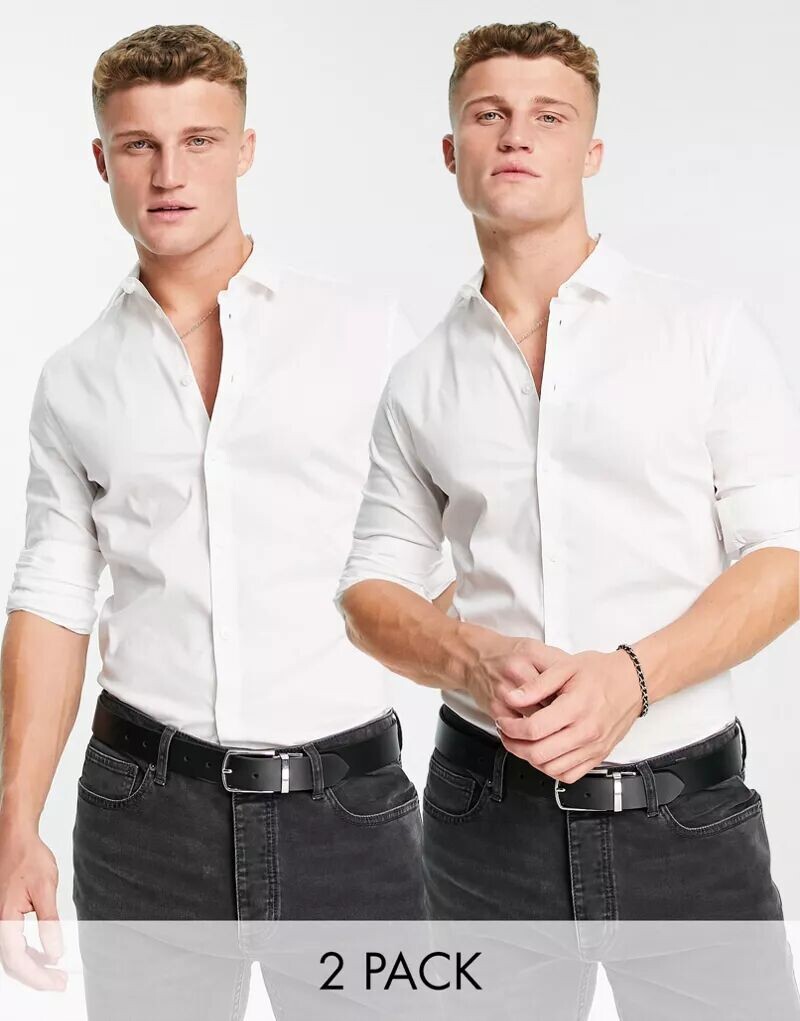 

Комплект из 2 узких эластичных деловых рубашек ASOS белого/белого цвета со скидкой