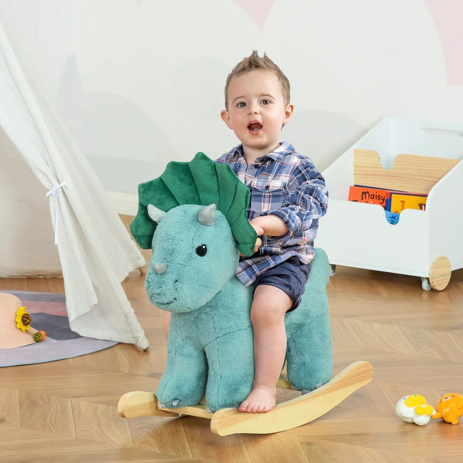 

Qaba Kids Плюшевая поездка на лошадке-качалке в форме трицератопса, плюшевая игрушка-качалка с реалистичными звуками для детей 36 72 месяцев, темно-зеленая Qaba