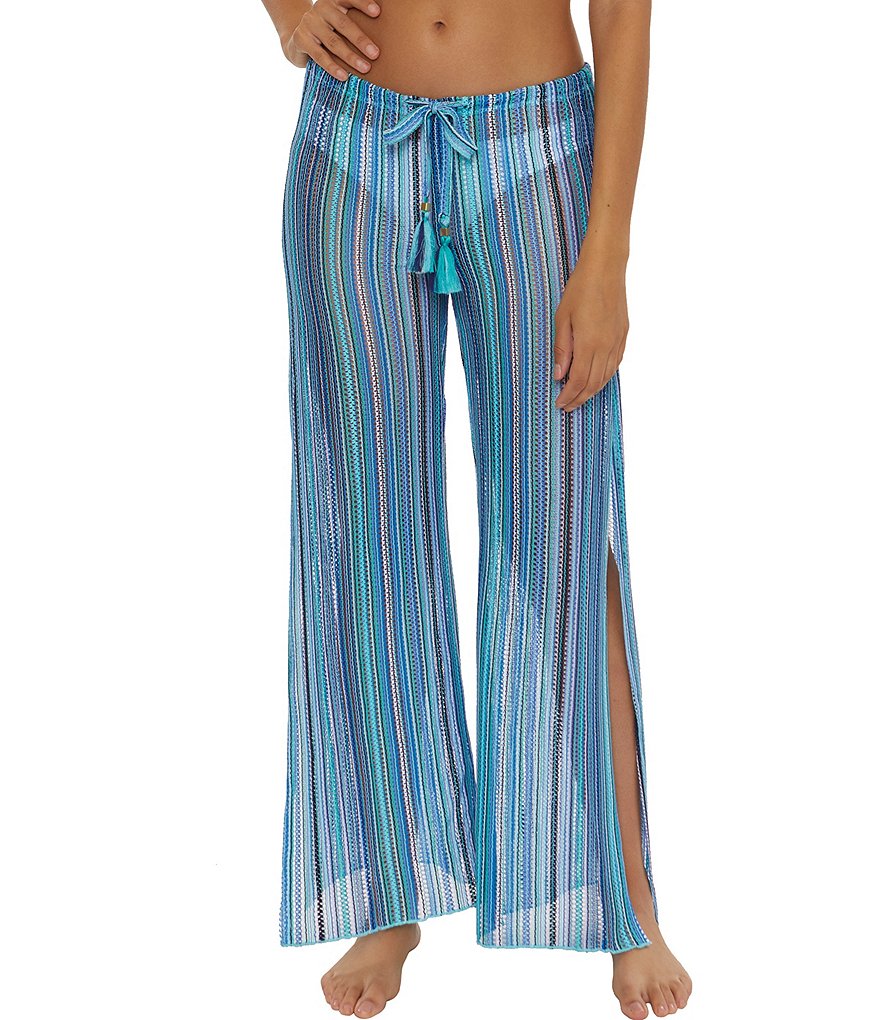 Вязаные крючком широкие брюки Becca by Rebecca Virtue с завязками в морскую полоску и кисточками, синий