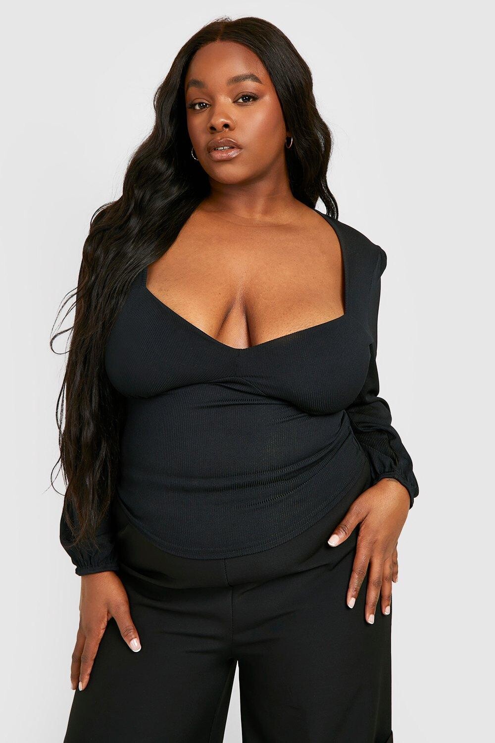 

Корсетный топ с рукавами в ребку plus Boohoo, черный