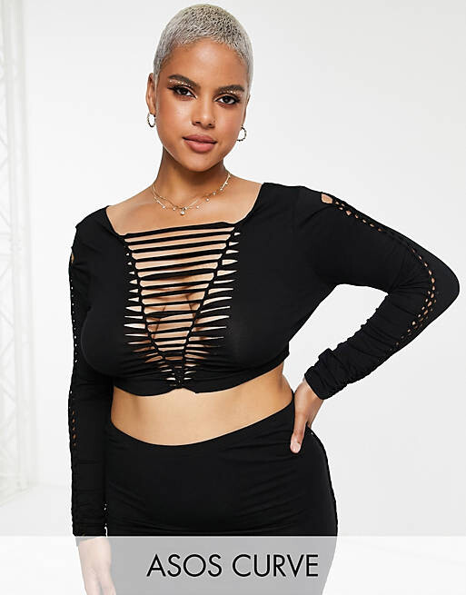 

Черный пляжный укороченный топ с длинными рукавами и лесенкой ASOS DESIGN Curve