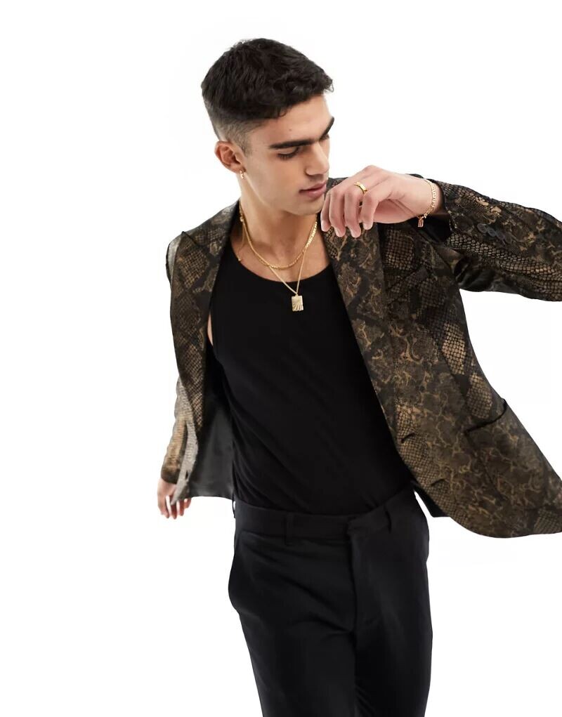 

Блейзер скинни с бронзовым змеиным принтом ASOS Design, Серый