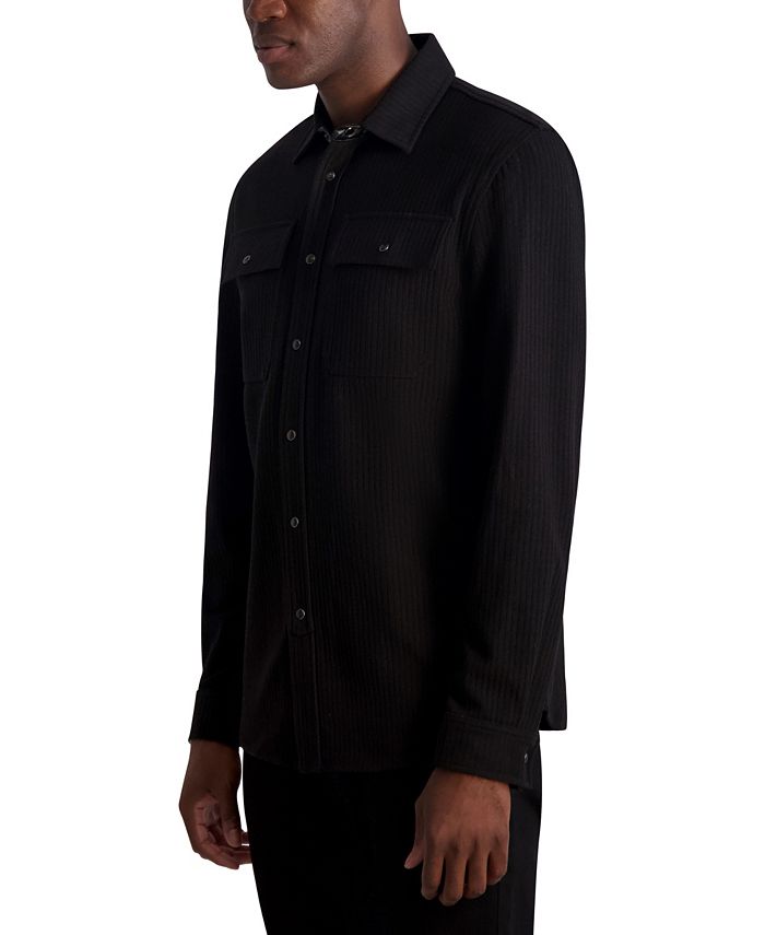 Мужская трикотажная куртка-рубашка с длинными рукавами в рубчик, кнопками и нагрудными карманами KARL LAGERFELD PARIS, черный