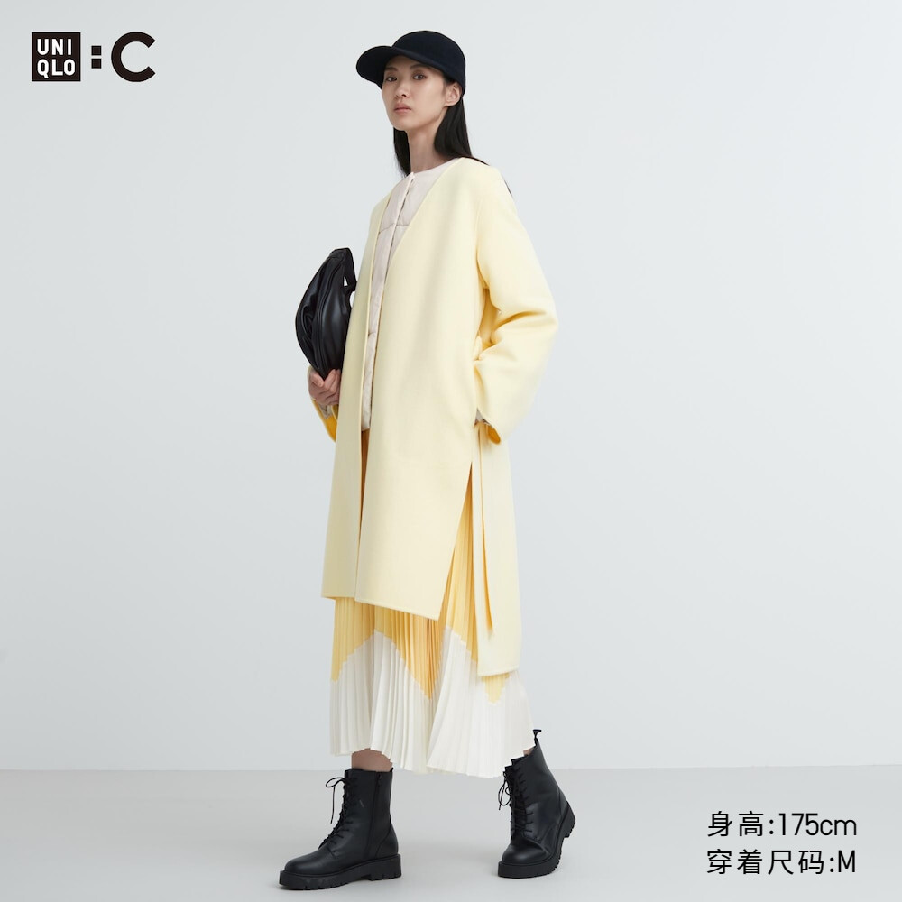 

Пальто Uniqlo шерстяное двустороннее на шнуровке, светло-желтый