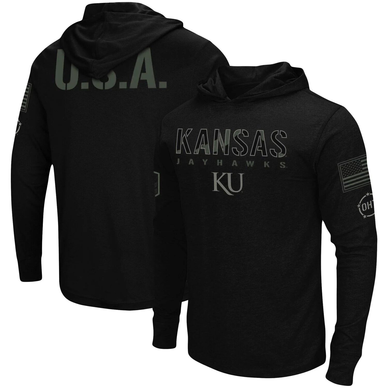 

Мужская черная футболка с длинным рукавом с капюшоном Kansas Jayhawks OHT Military Appreciation Colosseum, Черный